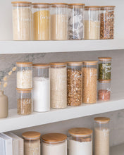 Load image into Gallery viewer, Pantry glass jars with bamboo lid and silicone seal used to store essential household pantry ingredients such as flour, sugar and spaghetti