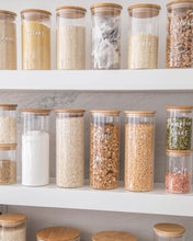 Load image into Gallery viewer, Pantry glass jars with bamboo lid and silicone seal used to store essential household pantry ingredients such as flour, sugar and spaghetti