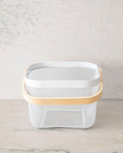 Load image into Gallery viewer, Mesh basket with wooden handle that can be used in the kitchen, laundry, wardrobe, storage cupboard, and playroom for organising and storing items