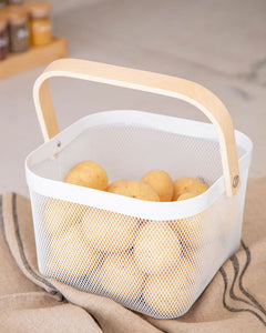 Mesh basket with wooden handle that can be used in the kitchen, laundry, wardrobe, storage cupboard, and playroom for organising and storing items