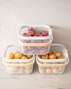 Set of three mesh baskets with wooden handles that can be used in the kitchen, laundry, wardrobe, storage cupboard, and playroom for organising and storing items