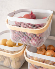 Load image into Gallery viewer, Set of three mesh baskets with wooden handles that can be used in the kitchen, laundry, wardrobe, storage cupboard, and playroom for organising and storing items