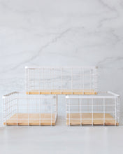 Load image into Gallery viewer, White wire basket with wooden base for organising and storing items in the kitchen, pantry and bedroom