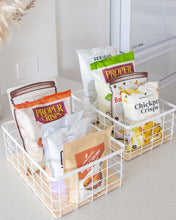 Load image into Gallery viewer, White wire basket with wooden base for organising and storing items in the kitchen, pantry and bedroom