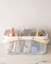 Load image into Gallery viewer, White mesh basket with wooden handles for organising and storing items in the kitchen, pantry and bedroom