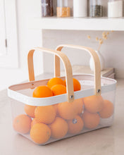 Load image into Gallery viewer, White mesh basket with wooden handles for organising and storing items in the kitchen, pantry and bedroom