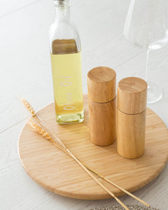 Bamboo lazy susan with spinning feature used to store items such as condiments, oils and spreads for easy access to items