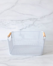 Load image into Gallery viewer, Square mesh basket with wooden handles for storing items such as potatoes, onions, fruit, cans, chips, snacks, kids toys, stationary and more