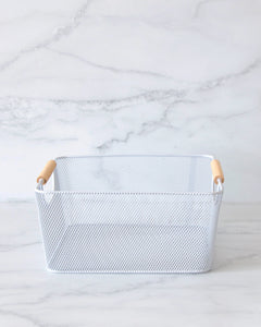 Square mesh basket with wooden handles for storing items such as potatoes, onions, fruit, cans, chips, snacks, kids toys, stationary and more