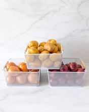 Load image into Gallery viewer, Square mesh basket with wooden handles for storing items such as potatoes, onions, fruit, cans, chips, snacks, kids toys, stationary and more